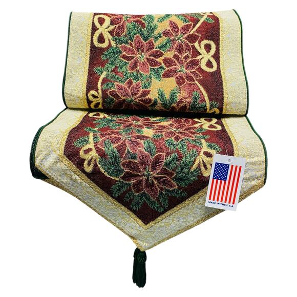 Christmas Tapestry Table Runner Maroon Green Metallic 72" NEW - Picture 8 of 9
